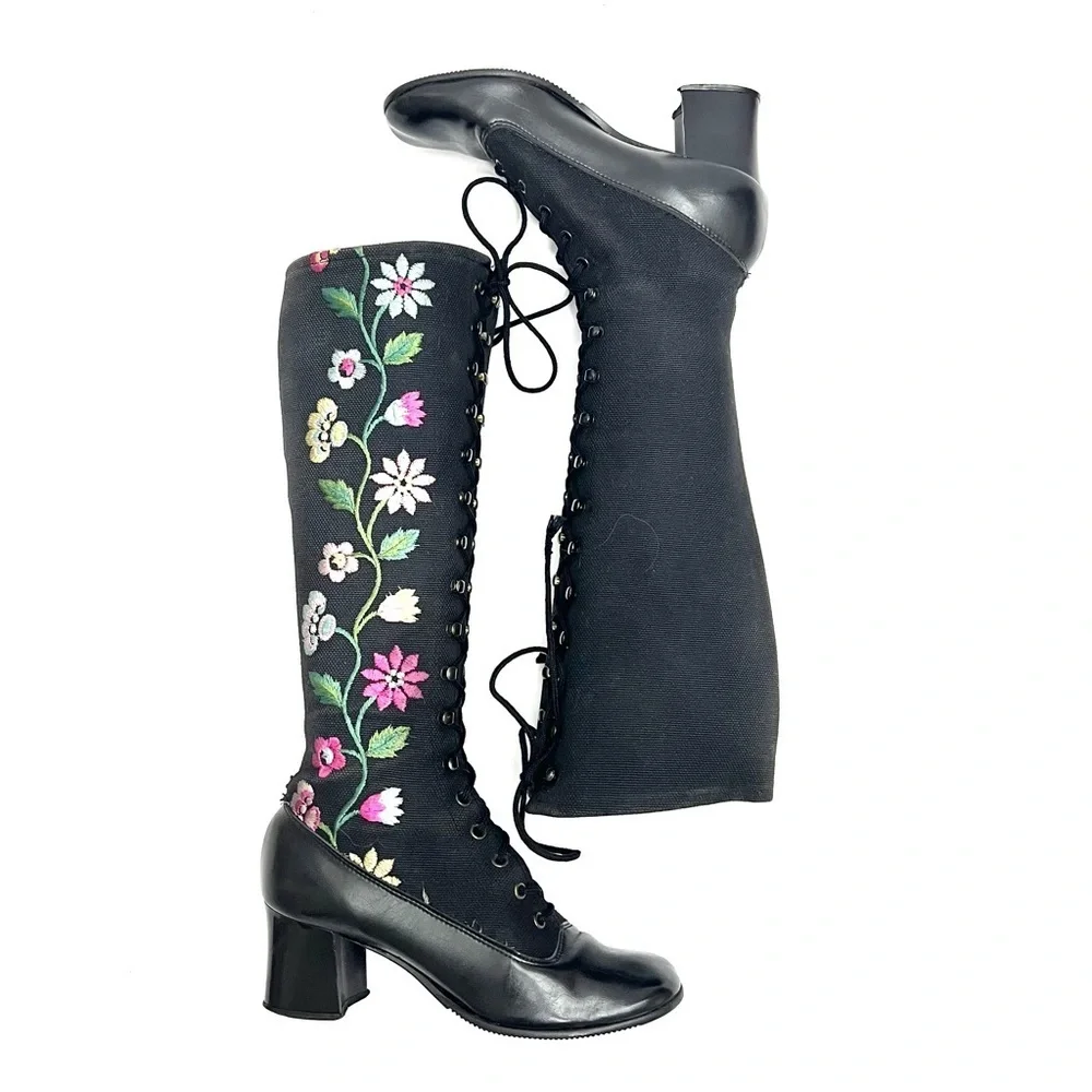 Vintage 1970s black canvas floral embroidered lace up knee high Penny Lane boots